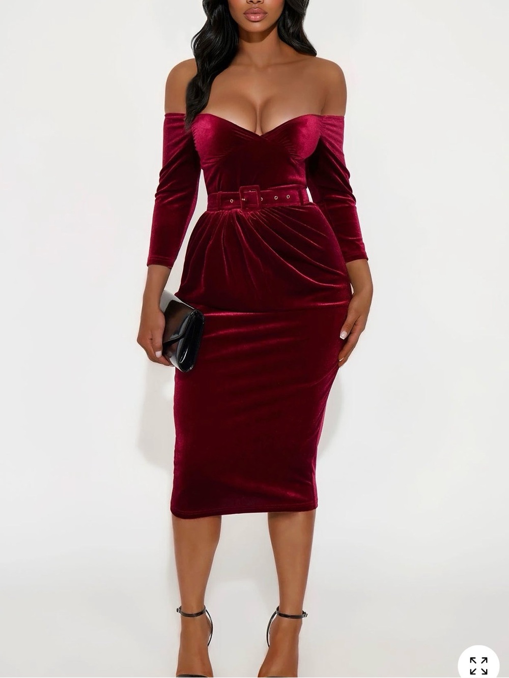 Fashion Nova Women’s One-Shoulder Velvet Midi Dress with Belt in Wine